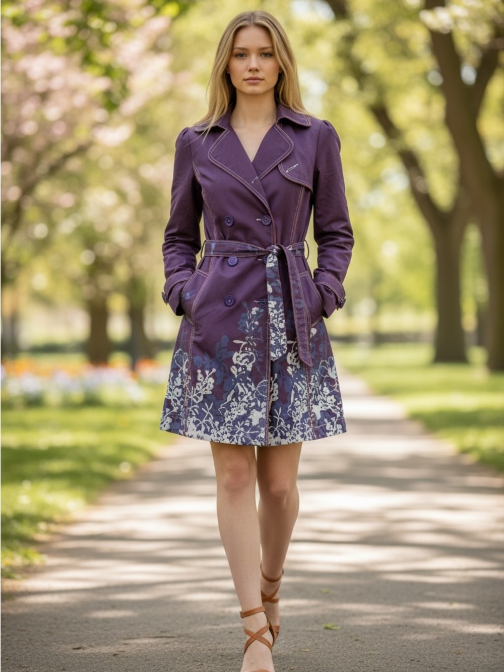 NICOLA BERTI Purple Floral Trench Coat with Belt SMALL